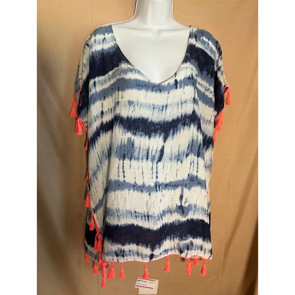 C&T Beach Swim Cover Up Womens Large Blue Tie Dye Excellent Coral Tassels